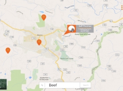 map screenshot showing search query for "beef" and resulting farms as pinpoints on local area map