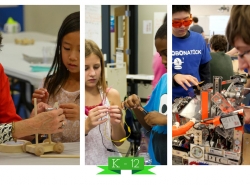 kids working with wooden construction, electronics, and robotics