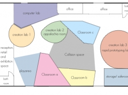 makerbase floor plan of offices, classrooms, creation labs, storage, restrooms, and reception/retail/exhibition space